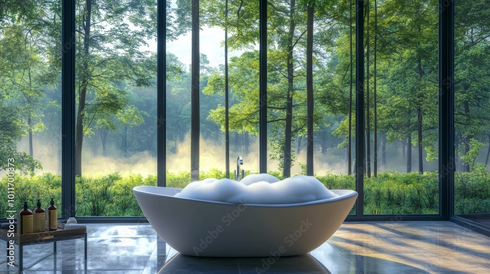 Fototapeta premium Freestanding Bathtub by Window Overlooking Serene Forest