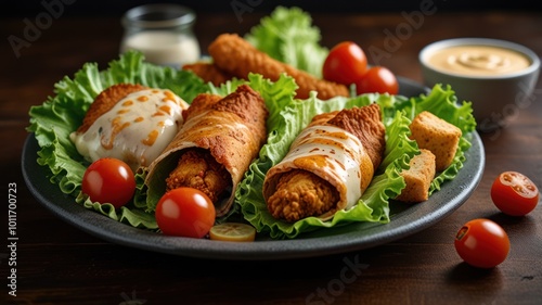 Three crispy chicken wraps on a plate with lettuce, cherry tomatoes, and dipping sauces.