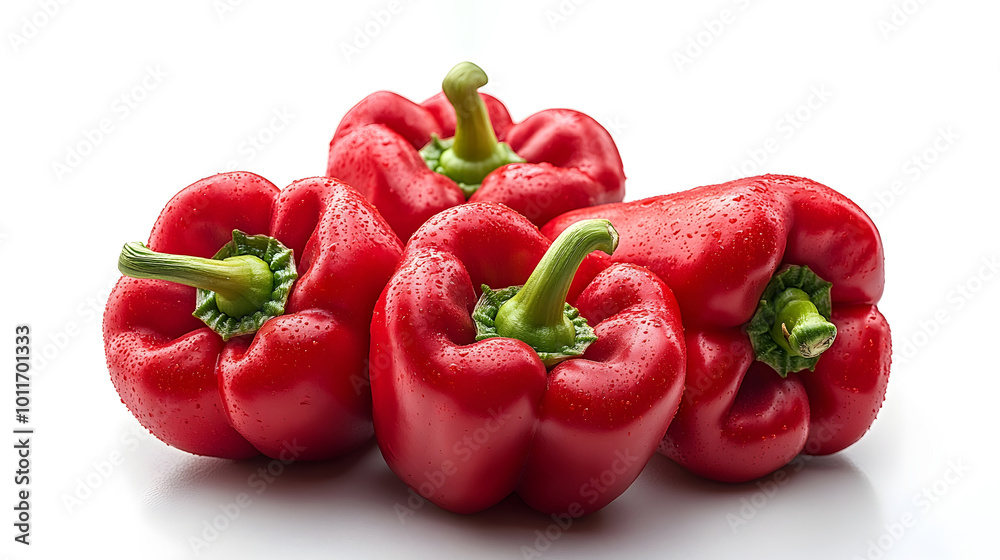 Closeup of fresh,ripe,and succulent red bell peppers or capsicum on a plain white background. These nutritious vegetables are commonly used in a variety of cuisines and can add color,flavor. Closeup of fresh,ripe,and succulent red bell peppers or capsicum on a plain white background. These nutritious vegetables are commonly used in a variety of cuisines and can add color,flavor.