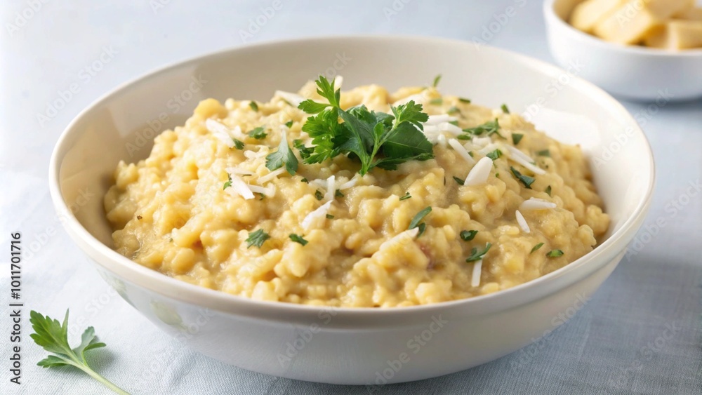 A bowl of creamy risotto topped with parmesan cheese and parsley. A bowl of creamy risotto topped with parmesan cheese and parsley.