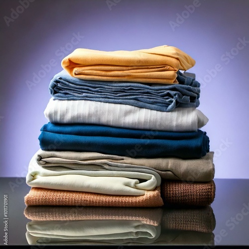 A mix of freshly folded new clothes on a smooth reflective surface with a simple gradient background.