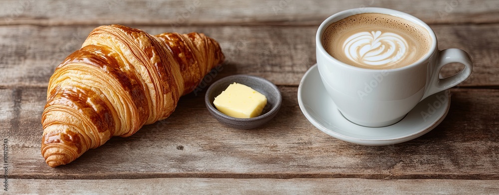 Buttery Croissant and Latte Art: A rustic wooden table sets the scene for a delectable breakfast of a golden-brown croissant, a pat of butter, and a steaming cup of latte art coffee. Buttery Croissant and Latte Art: A rustic wooden table sets the scene for a delectable breakfast of a golden-brown croissant, a pat of butter, and a steaming cup of latte art coffee.