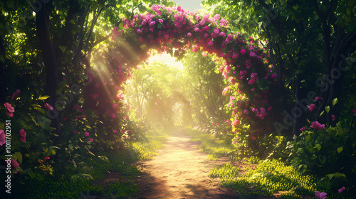 Unreal fantasy landscape with trees and flowers. garden of eden, exotic fairytale fantasy forest, green oasis. sunlight, shadows, creepers and an arch. 3d illustration. Enchanted Garden. Illustration