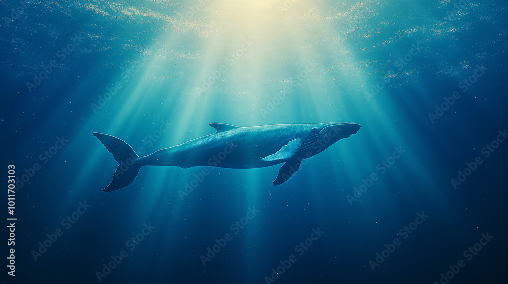 Obraz premium Double exposure of a whale's silhouette blended with ocean currents and sunlight beams filtering through the water