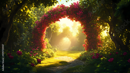 Unreal fantasy landscape with trees and flowers. garden of eden, exotic fairytale fantasy forest, green oasis. sunlight, shadows, creepers and an arch. 3d illustration. Enchanted Garden. Illustration