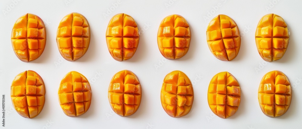 Fototapeta premium Twelve neatly arranged mango halves, each cut into a grid pattern, displayed on a white background.