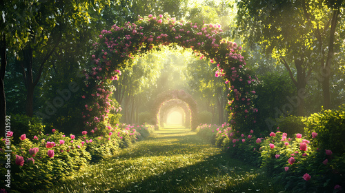 Unreal fantasy landscape with trees and flowers. garden of eden, exotic fairytale fantasy forest, green oasis. sunlight, shadows, creepers and an arch. 3d illustration. Enchanted Garden. Illustration
