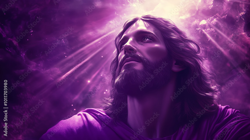 Jesus Christ determined gaze wearing purple robes Jesus Christ determined gaze wearing purple robes
