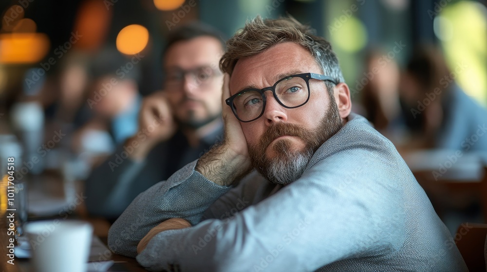 Bored Male Manger Sitting With His Colleagues, Generative AI Bored Male Manger Sitting With His Colleagues, Generative AI