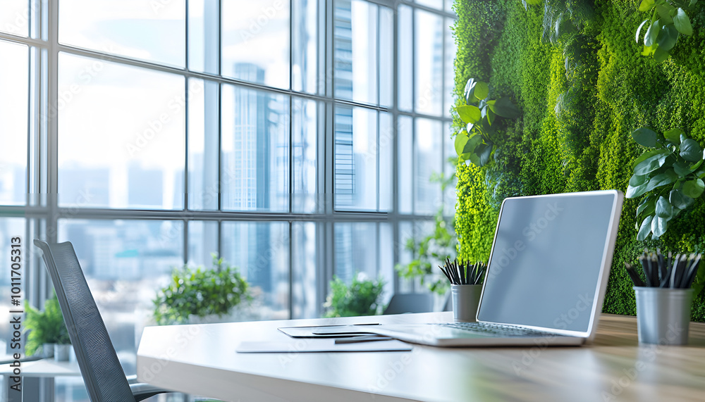 Modern office with green walls and natural light, enhancing workplace productivity through a sustainable environment Modern office with green walls and natural light, enhancing workplace productivity through a sustainable environment