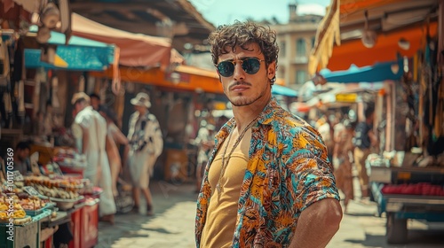 Vibrant Fashion in the Market: Stylish Man Amid Colors and Prints of a Bustling Food Market