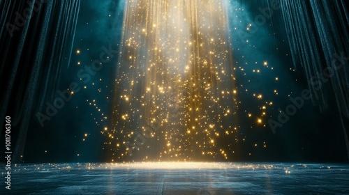 A lavish illustration of a gilded stage featuring sparkling lighting and shimmering bokeh effects.	