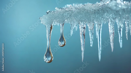 A water drop falling in slow motion from the tip of an icicle, symbolizing the transition from cold to warmth, water drop from icicle, subtle water transformation photo