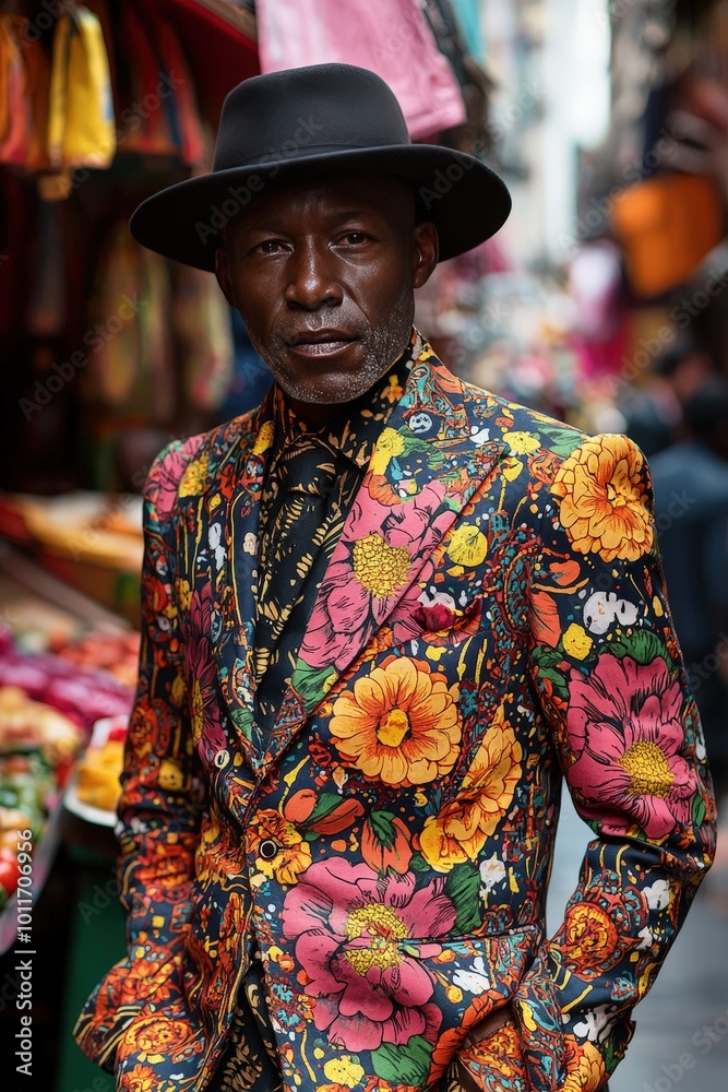 Stylish Man in Bold Suit and Fedora in Vibrant Marketplace with Colorful Stalls and Crowds