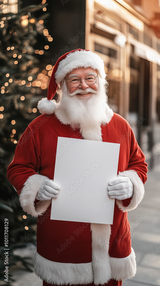 Naklejka premium Happy Santa Claus is holding a white vertical mockup poster at the entrance to the coffee shop. Festive mood, decorated Christmas tree in the background.