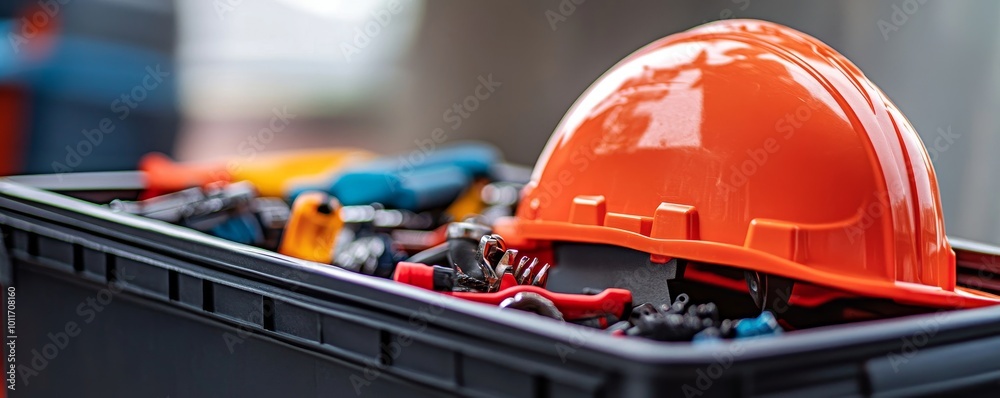 Safety Helmet With Tools In The Black Container, Generative AI Safety Helmet With Tools In The Black Container, Generative AI