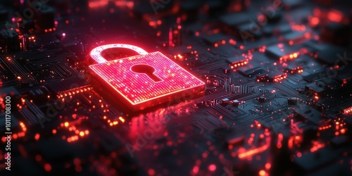 Lock icon with keyhole in red surrounded by digital code and microprocessors with glow, fluorescent neon colors on black background. Cybersecurity and data protection concept. Futuristic banner