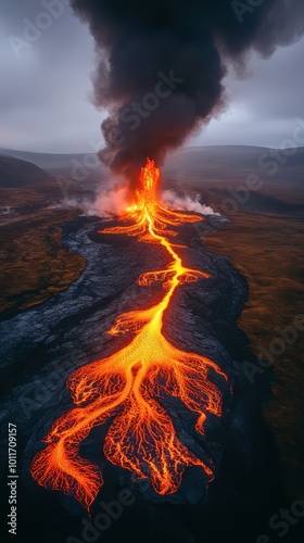 Aerial shot of a volcano erupting with lava streams flowing through the terrain