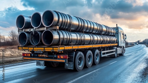 As dawn breaks, a massive truck transports a load of black pipes along a winding rural highway, illustrating the essence of industrial haulage
