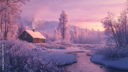 Serenity of a Snow-Covered Cabin: A Tranquil Winter Landscape Alongside a Glistening Stream at Sunrise, Encapsulating Peaceful Solitude and Nature's Beauty