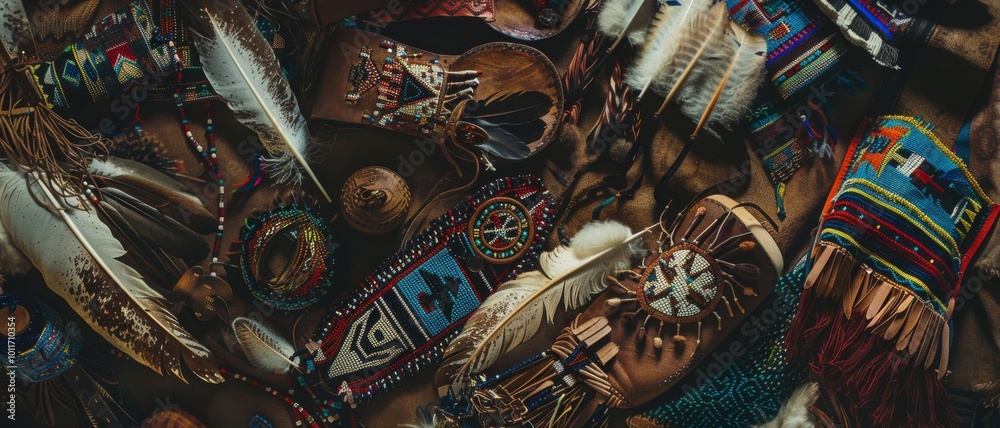 Fototapeta premium An assortment of traditional handmade crafts, including ornate feathers and beadwork, meticulously arranged to display cultural artistry and heritage.