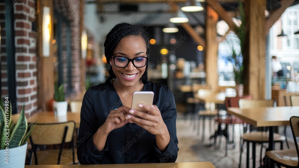 A professional woman sits in a modern cafe, smiling as she interacts with her smartphone, enjoying a casual and productive moment. A professional woman sits in a modern cafe, smiling as she interacts with her smartphone, enjoying a casual and productive moment.