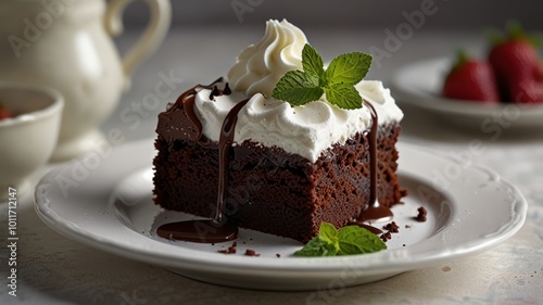 A slice of chocolate cake topped with whipped cream, chocolate sauce, and a sprig of mint, served on a white plate.