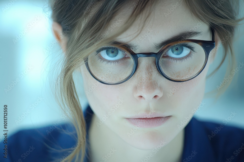 Close-up portrait of a woman wearing glasses with intense blue eyes, looking at the camera Close-up portrait of a woman wearing glasses with intense blue eyes, looking at the camera