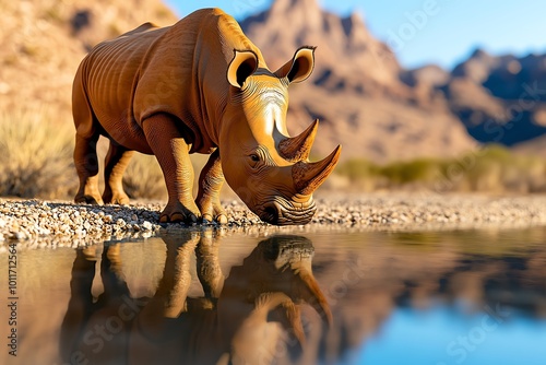 3D-rendered scene of a rhinoceros grazing near a waterhole, with realistic reflections and textures making the landscape and animal feel lifelike and immersive photo