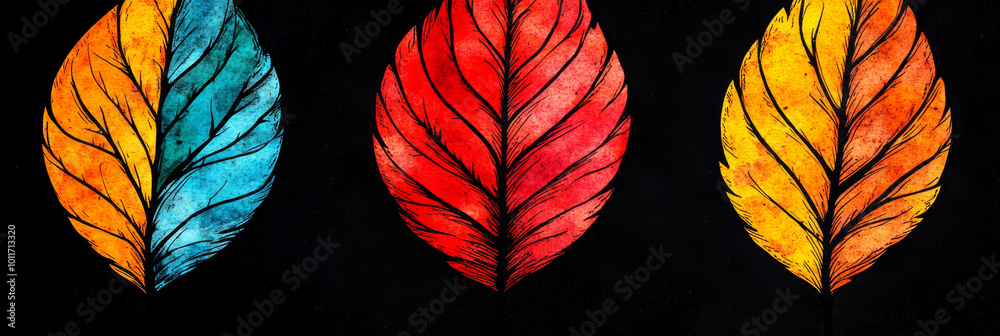 Fototapeta premium Three watercolor leaves in vibrant colors.