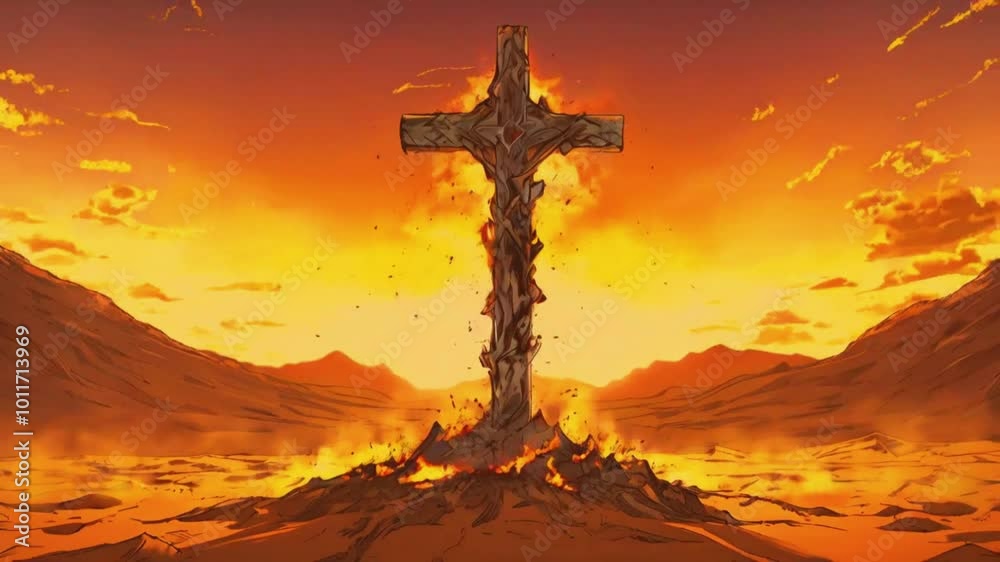 A cross formed from falling ashes rises ground becomes engulfed in orange flames, rebirth and redemption. flames burn in a slow, peaceful loop, 4k Hand-drawn anime-style religious Animation Video