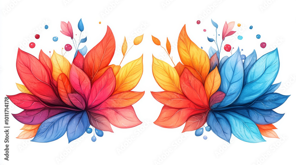 Fototapeta premium Vibrant watercolor illustration of colorful leaves.