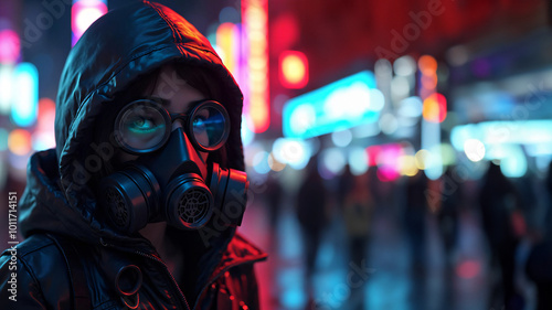 female cyberpunk girl in leather hoodie with gas mask with protective glasses, night city light bokeh, colorful, character, futuristic, crazy, gas-mask