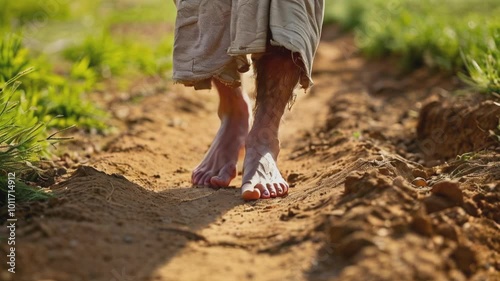 Bare feet walking on a dirt path, symbolizing a spiritual journey. The image suggests a humble and serene moment, often associated with biblical depictions of Jesus walking.
