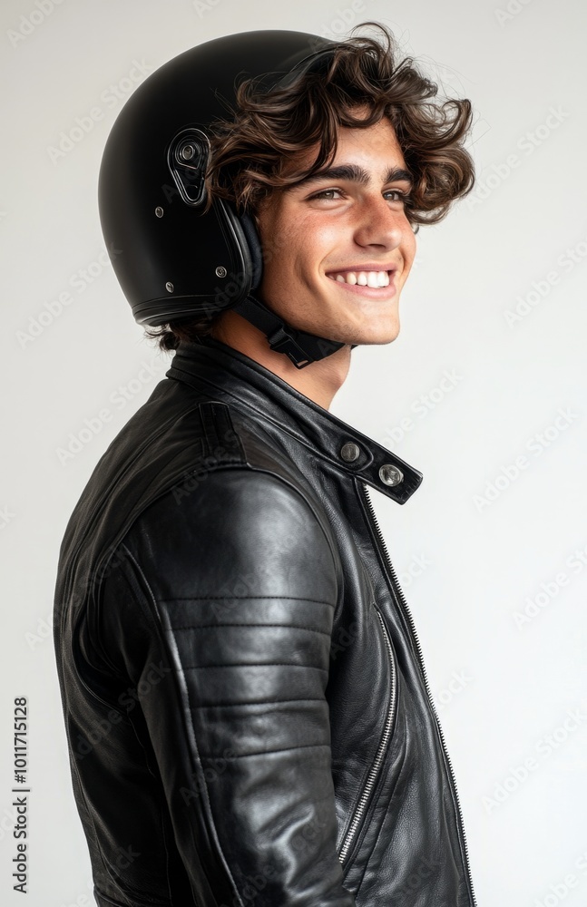 Young Man in Black Leather Jacket and Helmet Smiling