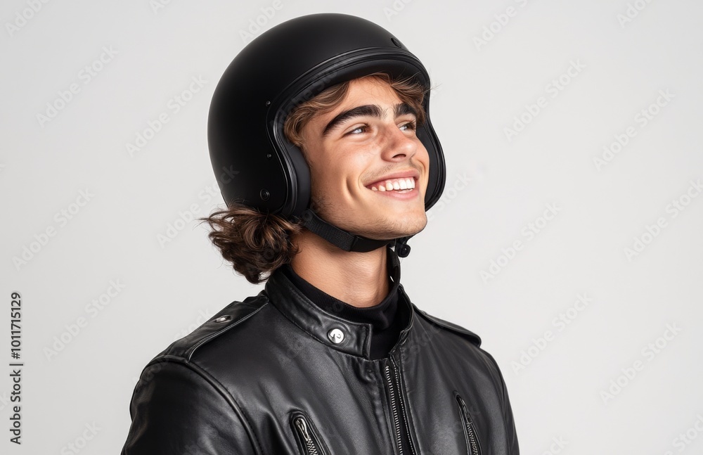 Young Man in Black Leather Jacket and Helmet Smiling Young Man in Black Leather Jacket and Helmet Smiling