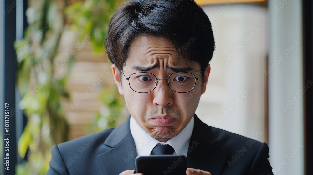 Upset Asian Businessman Reading a Smartphone Screen with Concerned Expression on City Street Upset Asian Businessman Reading a Smartphone Screen with Concerned Expression on City Street