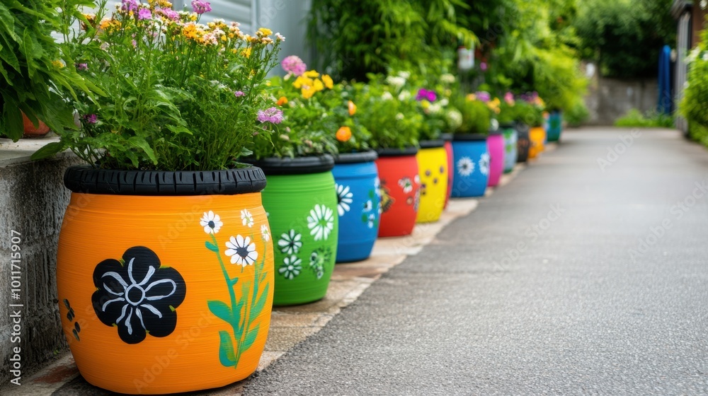 Colorful Painted Flower Pots on a Pathway Colorful Painted Flower Pots on a Pathway