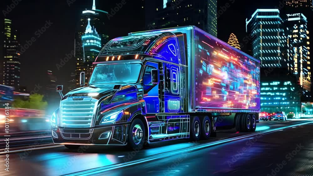 A truck is driving down a city street at night A truck is driving down a city street at night