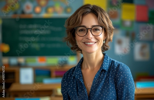 Smiling Teacher with Glasses in Front of Blackboard