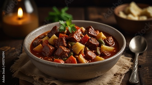 A hearty bowl of beef stew with potatoes, carrots, and green beans.