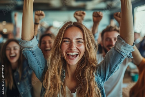 winner and excited business people in office with winning, startup success and leadership. Collaboration, teamwork and portrait of happy employees for victory, achievement and work, Generative AI