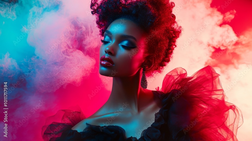 Fototapeta premium A striking portrait of a model with bold makeup and dramatic lighting, showcasing beauty and fashion in a vibrant atmosphere.