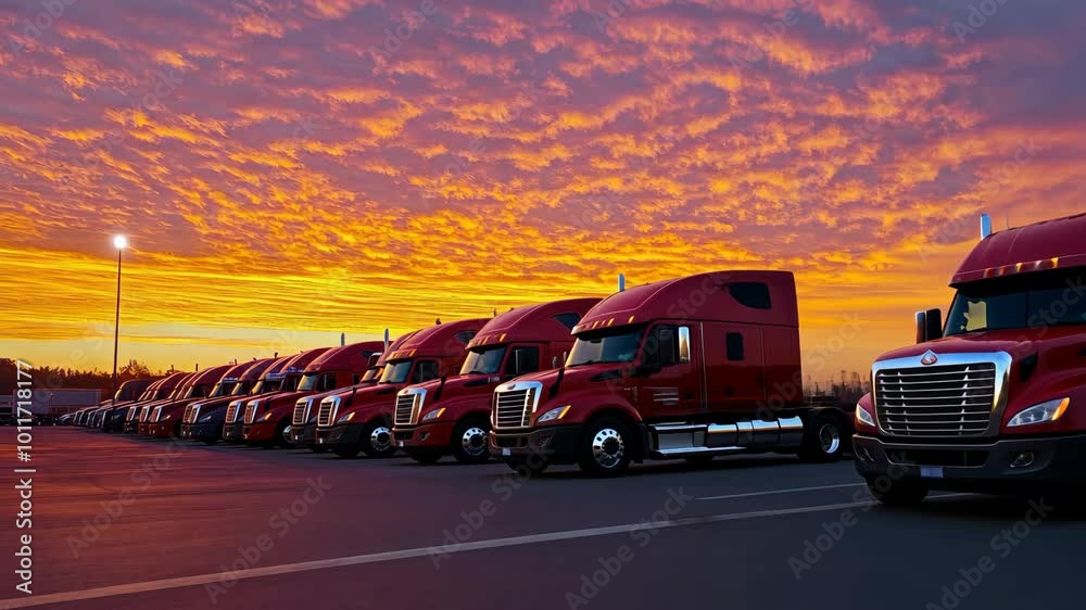 A row of red semi trucks are parked on a road
