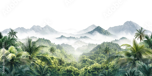 Fototapeta Naklejka Na Ścianę i Meble -  Lush tropical jungle with palm trees and distant mountains, isolated on transparent cutout background