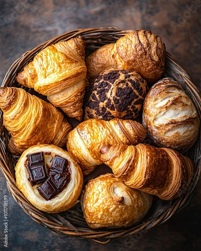 A Basketful of French Delights: A rustic wicker basket overflows with a selection of freshly baked pastries, including croissants, pain au chocolat, and a variety of other tempting treats.