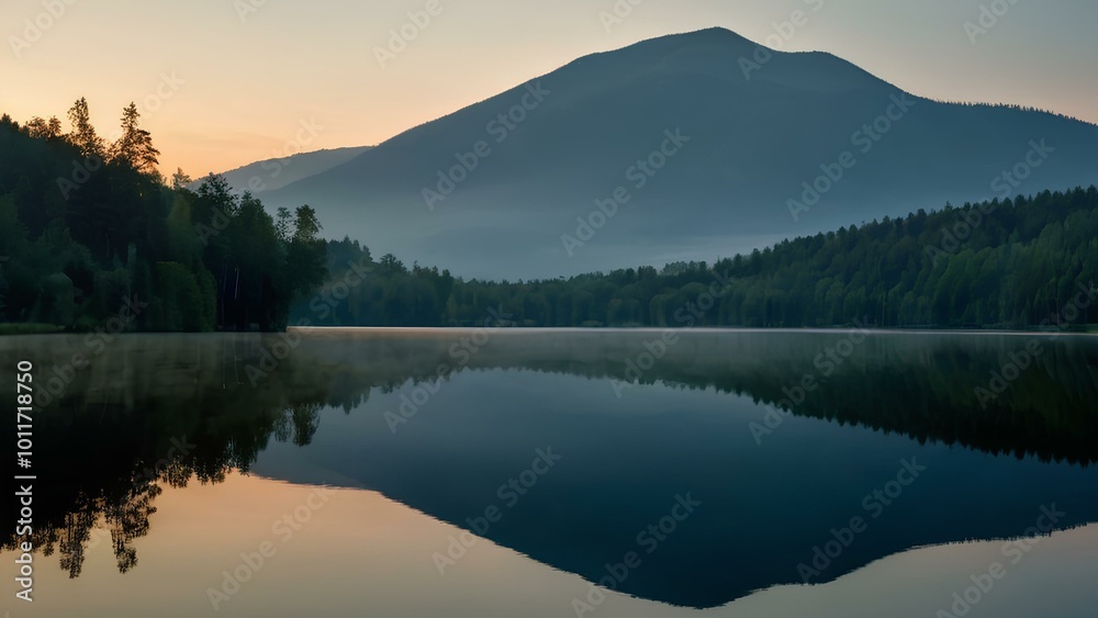 Fototapeta premium A peaceful image of smooth ripples on a crystal-clear lake during a calm and windless evening. The water reflects the sunset sky and surrounding nature, captured in sharp 4k detail