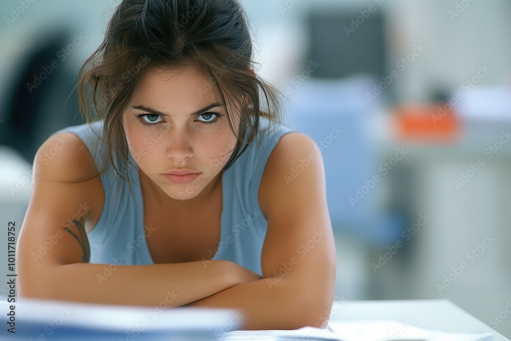 Young woman with intense gaze sitting at a desk in a modern office Young woman with intense gaze sitting at a desk in a modern office