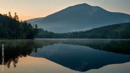 A peaceful image of smooth ripples on a crystal-clear lake during a calm and windless evening. The water reflects the sunset sky and surrounding nature, captured in sharp 4k detail