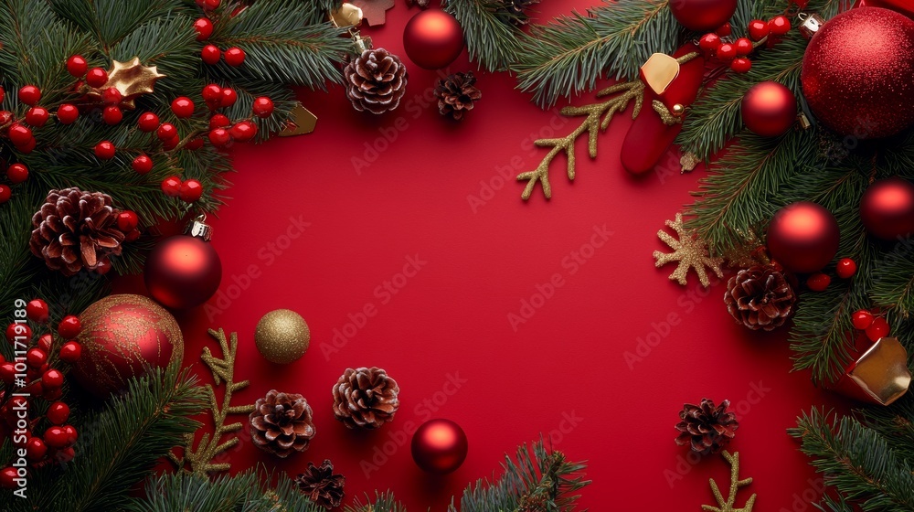 Merry Christmas Modern Background with Green Branches Ornaments on Red Surface Merry Christmas Modern Background with Green Branches Ornaments on Red Surface
